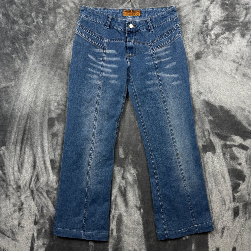 Astral Freaks Jeans Womens 29 Flare High Rise Y2K Front Seam Whiskered Denim
